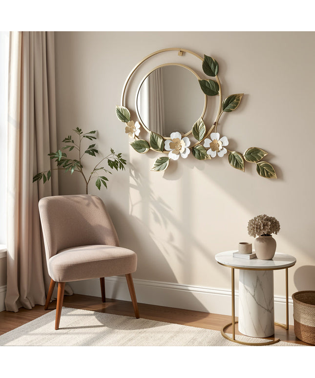 Beautiful Floral Leaf Metal Round Wall Mirror