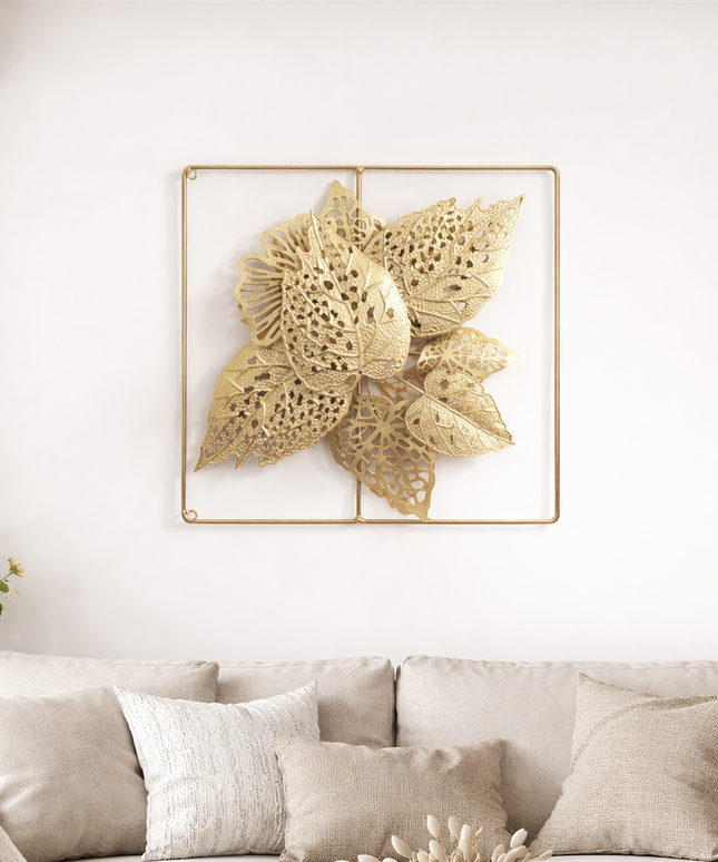 Luxury Gold Leaf Wall Art – Modern Metal Frame Decor