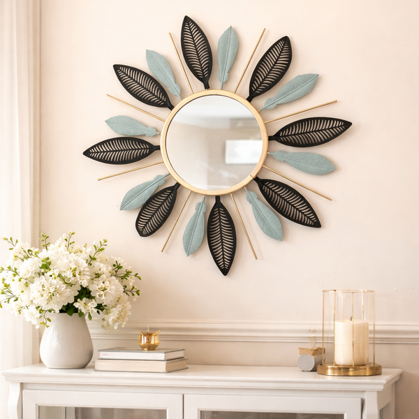 Elegant Metal Leaf Round Wall Mirror