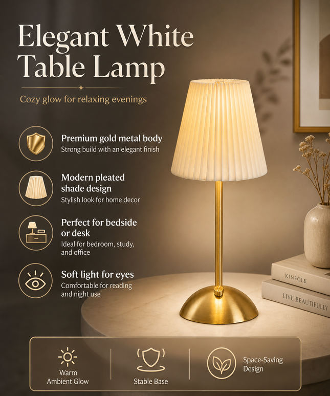 Elegant White Table Lamp-Rechargeable & Wireless