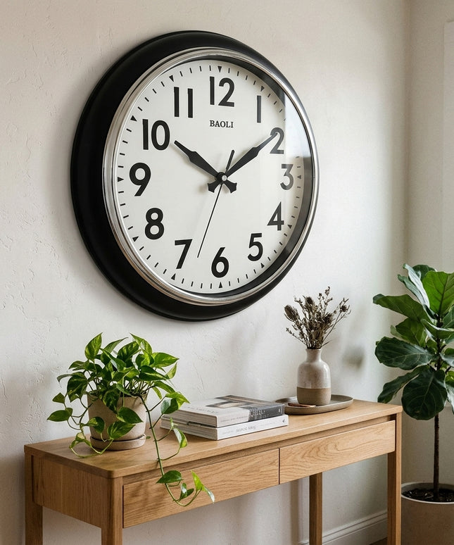 Classic Black Round Wall Clock - Premium Silver Outer Ring