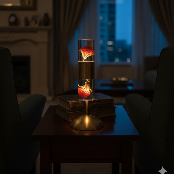 Elegant Glass Lamp with Flower Inside & Metal Base