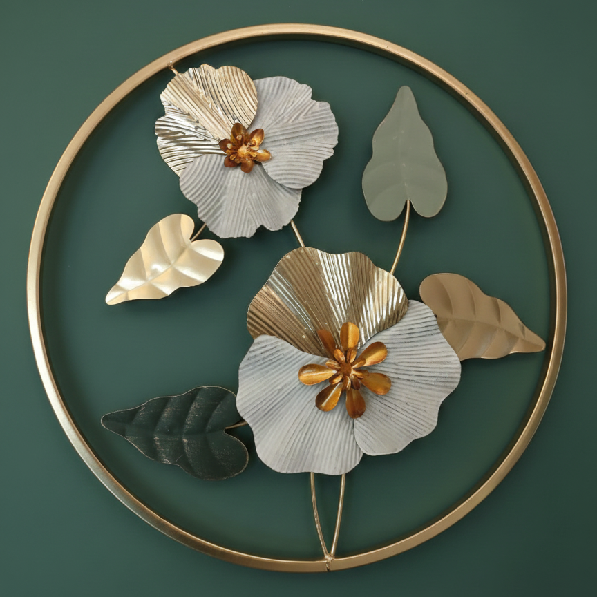 Elegant Floral Metal Wall Art in Gold & Sage Green