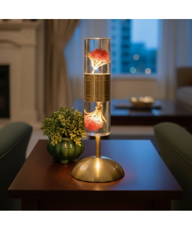 Elegant Glass Lamp with Flower Inside & Metal Base