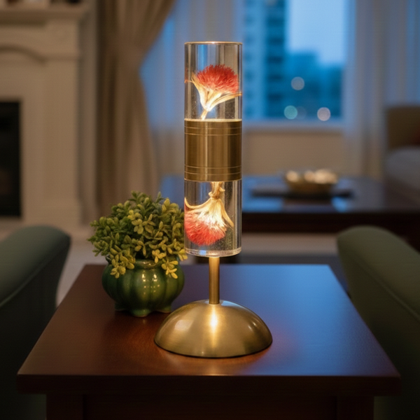 Elegant Glass Lamp with Flower Inside & Metal Base