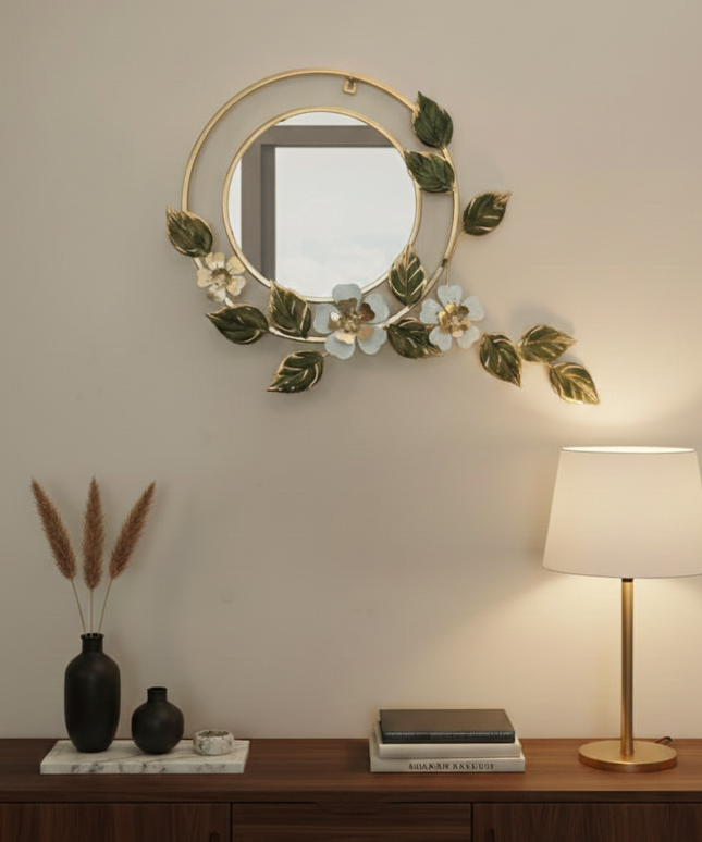Beautiful Floral Leaf Metal Round Wall Mirror