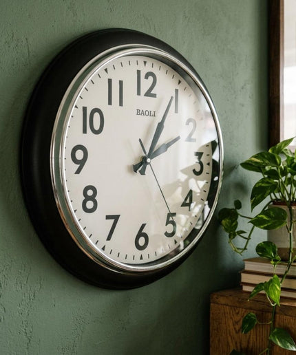 Classic Black Round Wall Clock - Premium Silver Outer Ring