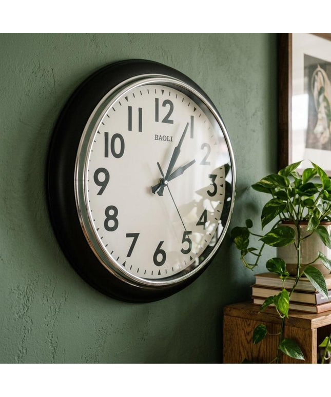Classic Black Round Wall Clock - Premium Silver Outer Ring