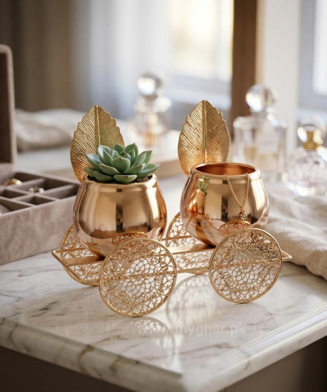 Artistic Rose Gold Showpiece with Leaf Accents