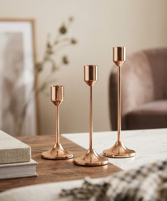 Luxury Rose Gold Metal Candle Holder Set of Three