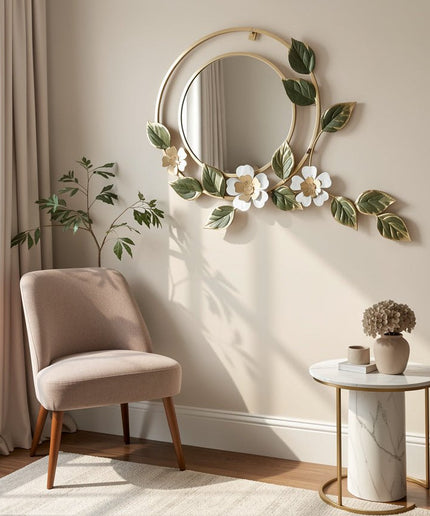 Beautiful Floral Leaf Metal Round Wall Mirror