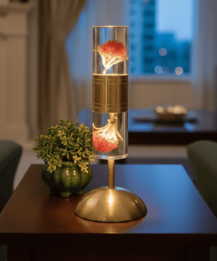 Elegant Glass Lamp with Flower Inside & Metal Base