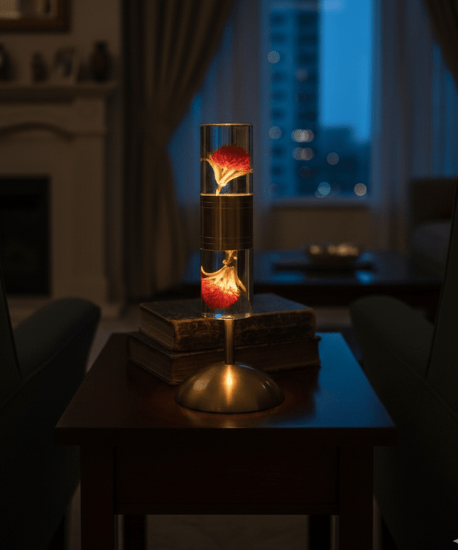 Elegant Glass Lamp with Flower Inside & Metal Base
