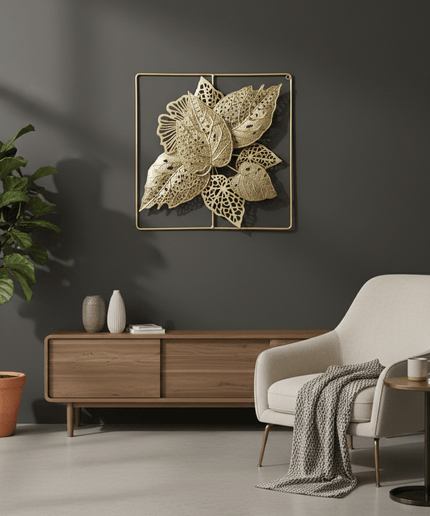 Luxury Gold Leaf Wall Art – Modern Metal Frame Decor